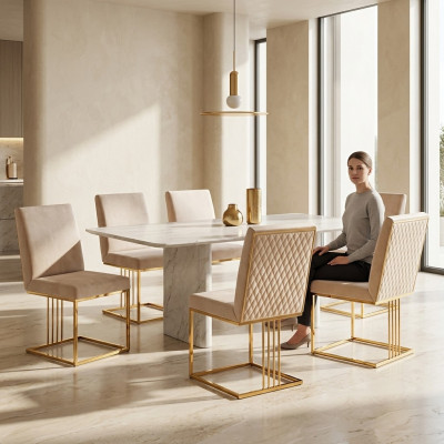 Set vu 6 Designerstühlen: Metall, Textilstoff, gepolstert, Sessel fir Restauranten an Iesszëmmer.