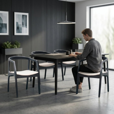 Set vu 4x Stull Design Holz Textil Gepolstert Still Gastro Iesszëmmer Stoff