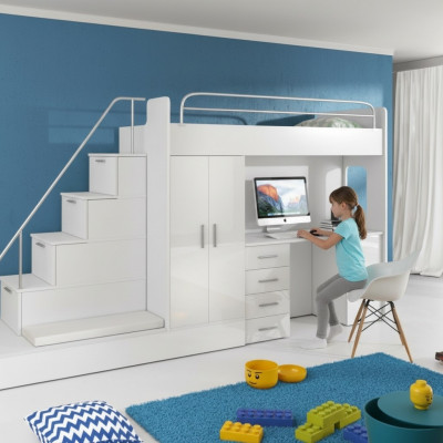 Wäiss Kanner Héichbett Etagenbett Duebelstockbett Bett Héichglanz Miwwelen