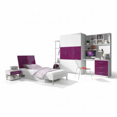 Schlofzëmmer Lila Bett 2x Nuetsdësch Schreifdësch Kannerbett Set 5 Stéck.