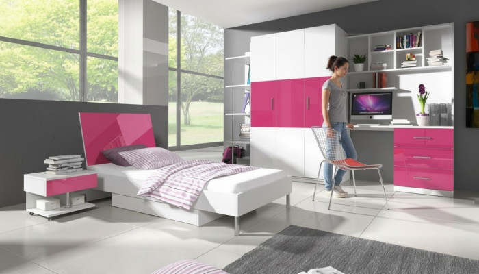 Rosa Kannerzëmmer Set Bett Nuetsdësch Schaf Schreifdësch Bicherregal Nei 5tlg.