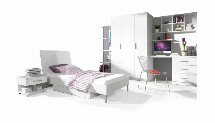 Modern Kannerzëmmer-Set Bett Noperuff Schaf Schreibtisch Bicherregal 5 Deeler.