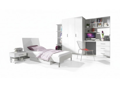 Modern Kannerzëmmer-Set Bett Noperuff Schaf Schreibtisch Bicherregal 5 Deeler.