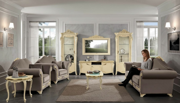 Wunnzëmmer Set Sofagarnitur Holz Wunnzëmmer Klassesch Design Italien Set 9tlg.