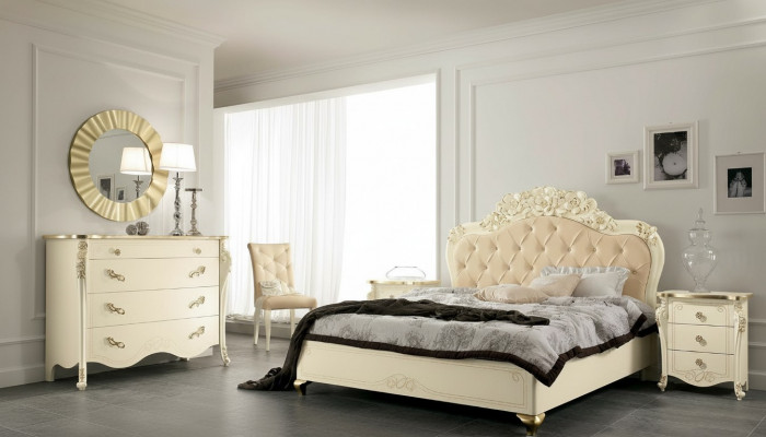 Schlofzëmmer Set Beige Schlofzëmmer Bett Nuetsdësch Kommode Spigel Stull 6 Deeler.