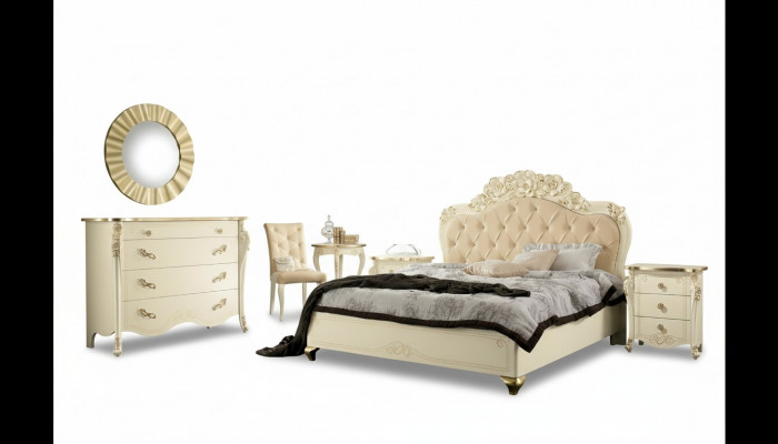 Schlofzëmmer Set Beige Schlofzëmmer Bett Nuetsdësch Kommode Spigel Stull 6 Deeler.