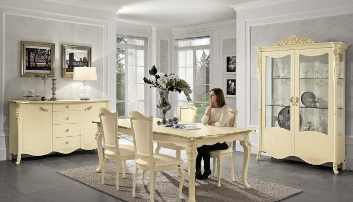 Iesszëmmer Beige Iessdësch 4x Still Kommode Vitrinn Grupp Garnitur Miwwelen 7tlg