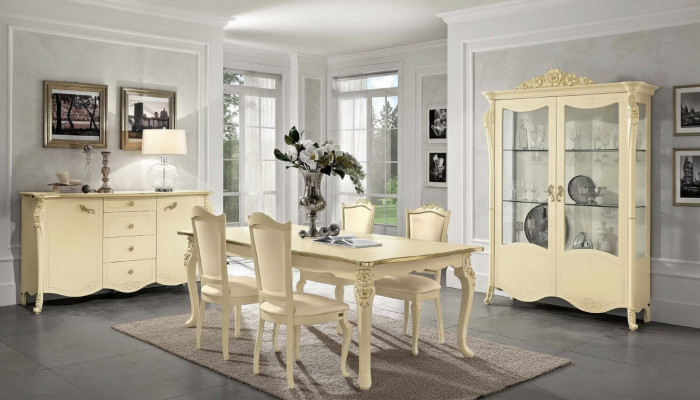 Iesszëmmer Beige Iessdësch 4x Still Kommode Vitrinn Grupp Garnitur Miwwelen 7tlg