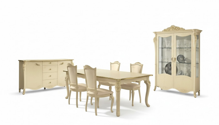 Iesszëmmer Beige Iessdësch 4x Still Kommode Vitrinn Grupp Garnitur Miwwelen 7tlg
