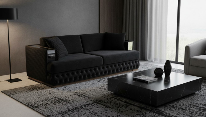 Dreisëtzer Chesterfield Couch Schwaarz Sofas Textil Lieder Sofa Couchen