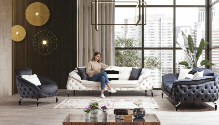 Chesterfield Couch mat Holz Textil Sofagarnitur 331 Sëtz Set Polster