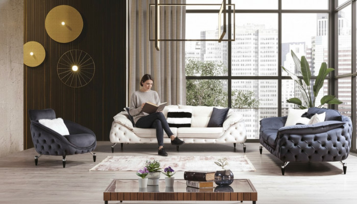 Chesterfield Dräisëtzer Couch Polstersofa Textil Lieder Sofa Couchen Miwwelen Nei