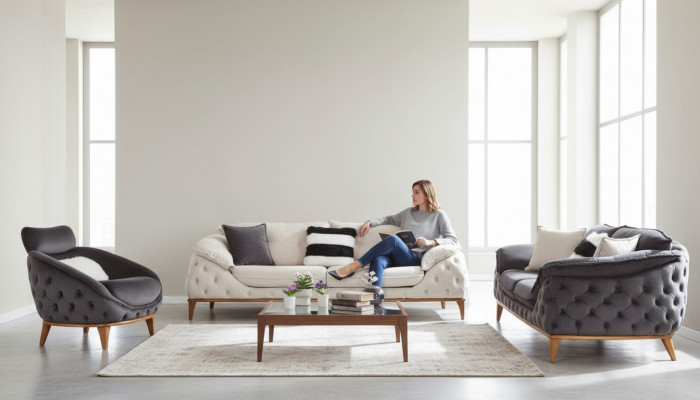 Chesterfield mat Holz Stoff Couch Sofagarnitur 331 Sëtz Set Polster