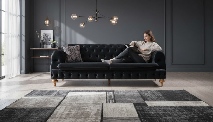 Luxus Chesterfield Couch Dräisëtzer Schwaarz Couchen Ariichtung