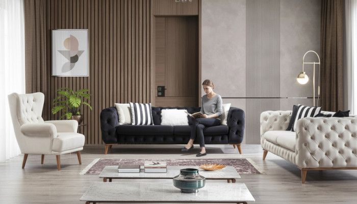 Sofagarnitur Canapé 3+3+1 Sëtzer Schwaarz Chesterfield Fauteuil Miwwelen