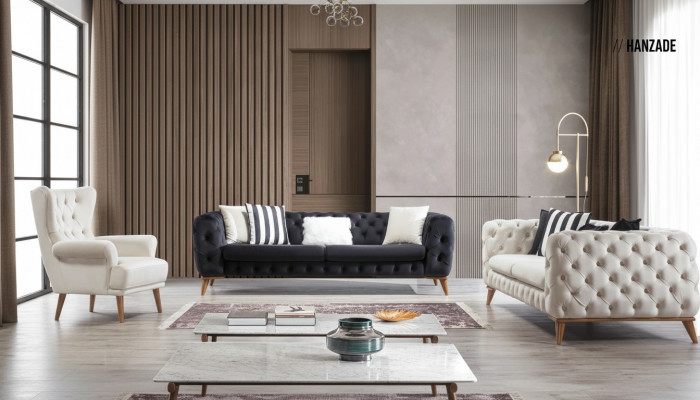 Sofagarnitur Canapé 3+3+1 Sëtzer Schwaarz Chesterfield Fauteuil Miwwelen