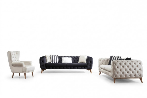 Sofagarnitur Canapé 3+3+1 Sëtzer Schwaarz Chesterfield Fauteuil Miwwelen