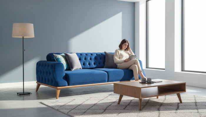 Sofa 3-Sëtzer Blo Wunnzëmmer Klassesch Chesterfield Eleganten Stil