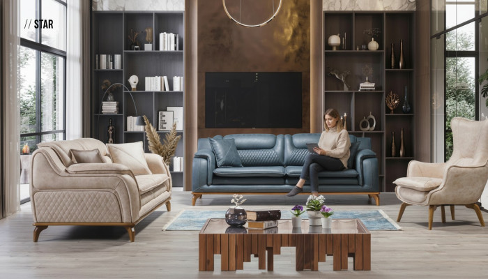 Sofagarnitur 3+3+1 Sëtzer Blo Fotell Luxus Lieder Sofa Canapé Miwwelen Western Stil