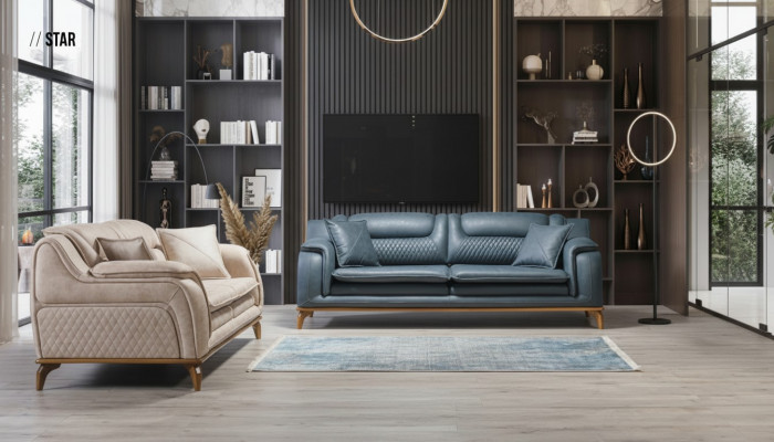 Sofagarnitur 3+3+1 Sëtzer Blo Fotell Luxus Lieder Sofa Canapé Miwwelen Western Stil