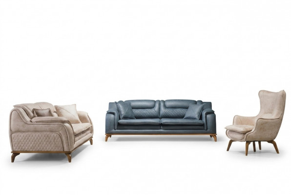 Sofagarnitur 3+3+1 Sëtzer Blo Fotell Luxus Lieder Sofa Canapé Miwwelen Western Stil