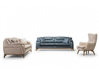 Sofagarnitur 3+3+1 Sëtzer Blo Fotell Luxus Lieder Sofa Canapé Miwwelen Western Stil