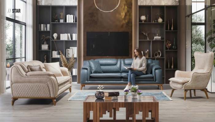 Sofa Blo 3 Sëtzer Stuff Canapé Design Chesterfield Italienesche Stil Miwwelen