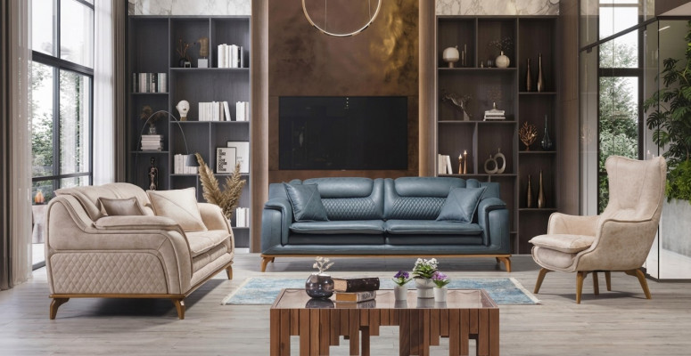 Sofa Blo 3 Sëtzer Stuff Canapé Design Chesterfield Italienesche Stil Miwwelen