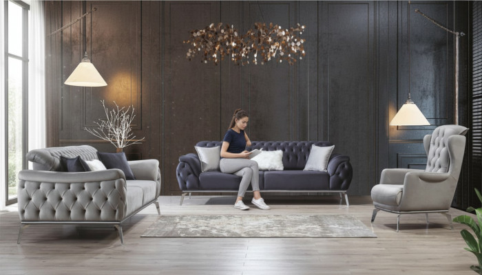 Sofagarnitur 3+3+1 Sëtz Blau Fauteuil Luxus Chesterfield Ariichtung