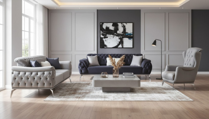 Sofagarnitur 3+3+1 Sëtz Blau Fauteuil Luxus Chesterfield Ariichtung