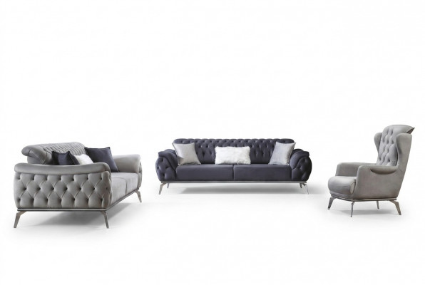 Sofagarnitur 3+3+1 Sëtz Blau Fauteuil Luxus Chesterfield Ariichtung