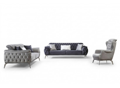 Sofagarnitur 3+3+1 Sëtz Blau Fauteuil Luxus Chesterfield Ariichtung