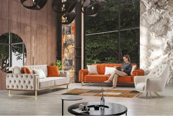 Orange Sofa mat 3 Sëtzer Wunnzëmmer Luxus Chesterfield Italienesch