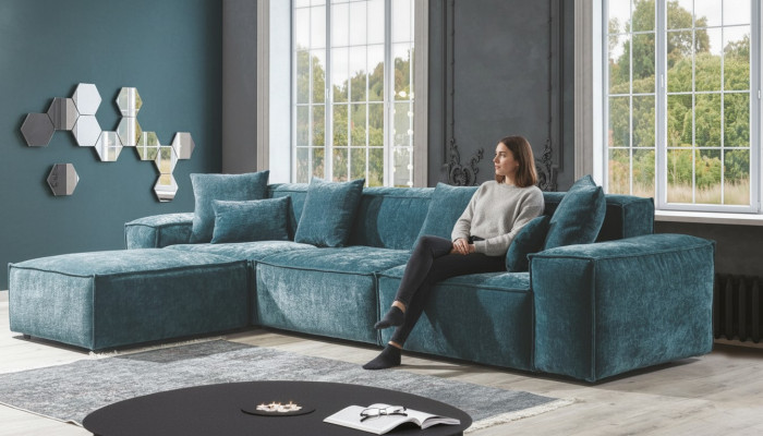 Ecksofa Blo Wunnzëmmer Elegante Wunnecke Design Miwwelen Eckgarnitur