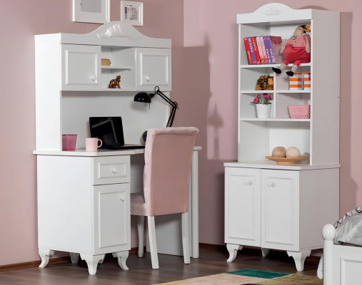 Kannerzëmmer Set Wäiss Elegantes Schreifdësch Design Bicherregal Holzmiwwelen Nei