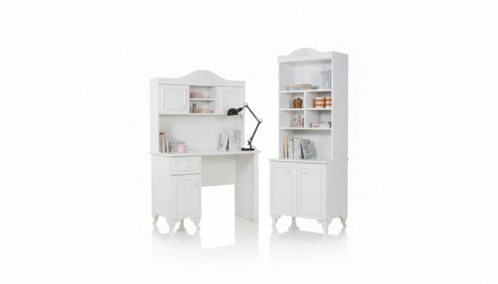 Kannerzëmmer Set Wäiss Elegantes Schreifdësch Design Bicherregal Holzmiwwelen Nei