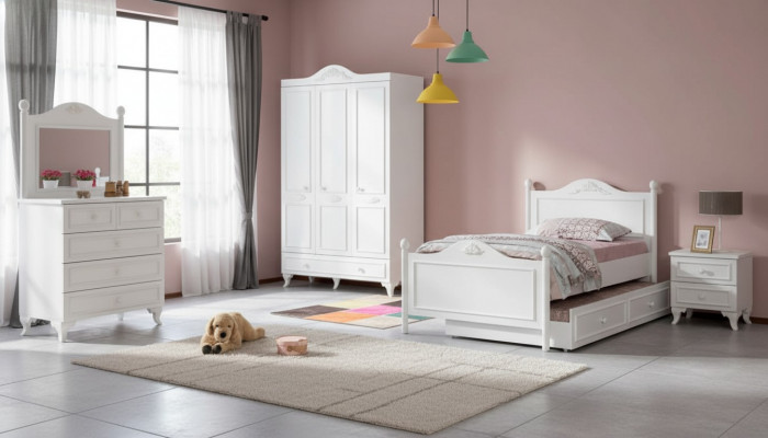 Teenager-Schlofzëmmer Landhausstil Hotel Gäschtzëmmer Miwwelen Komplett Set 5 Stéck.
