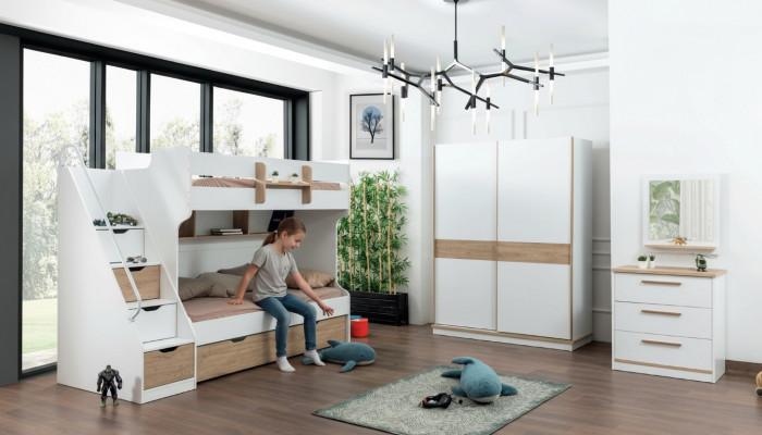 Design Kleederschaf Schiebetüren Schaf Schlofzëmmer Schief Wäiss Braun Holz