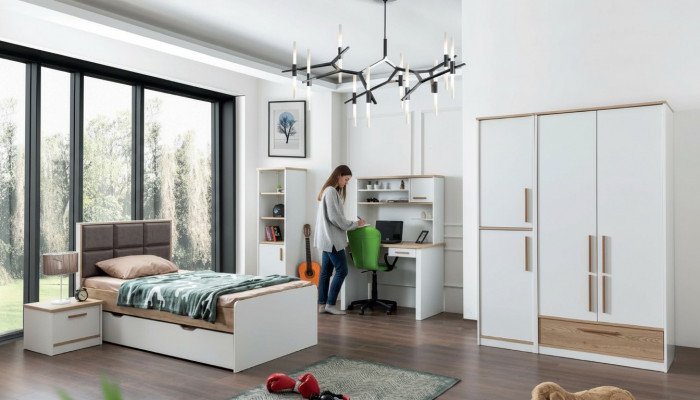 Modern Jugendzëmmer Set Bett Nattdësch Bicherregal Dësch Schlofzëmmer 5tlg.