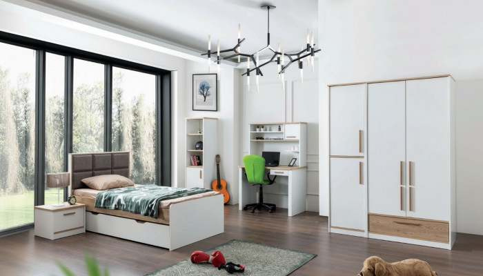 Modern Jugendzëmmer Set Bett Nattdësch Bicherregal Dësch Schlofzëmmer 5tlg.