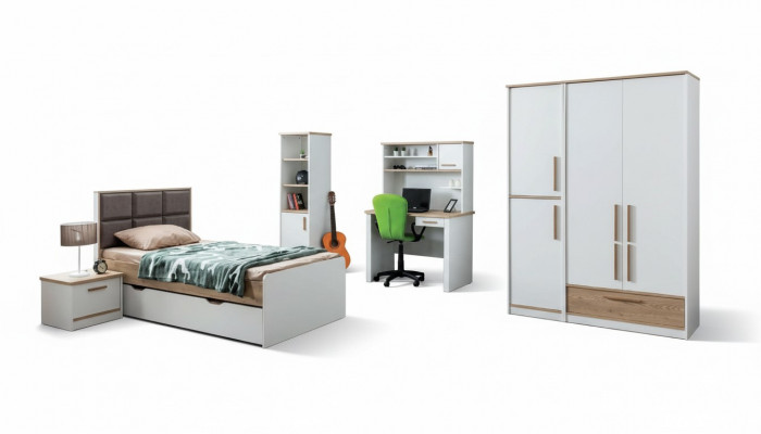 Modern Jugendzëmmer Set Bett Nattdësch Bicherregal Dësch Schlofzëmmer 5tlg.