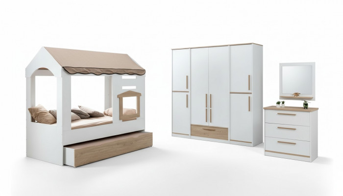 Kannerzëmmer Bett Haus Iwwerdachte Bett Schlofkummer Set Garnitur Spigel 4tlg.
