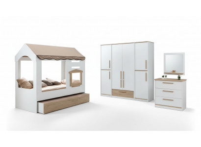 Kannerzëmmer Bett Haus Iwwerdachte Bett Schlofkummer Set Garnitur Spigel 4tlg.