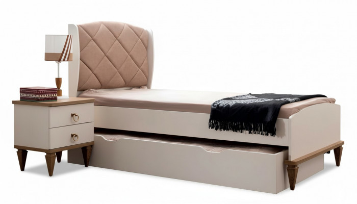 Kannerszëmmer Set Beige Kannerbett Nuetsdësch Jongeszëmmer Design Modern Nei 2 Deeler.