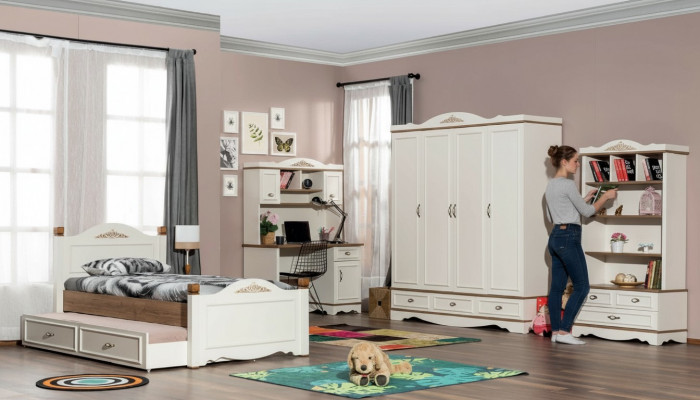Moderne Schlofkummer Jugendzimmer Set Bett Nuetsdësch Bicherregal Dësch 5 Deeler.