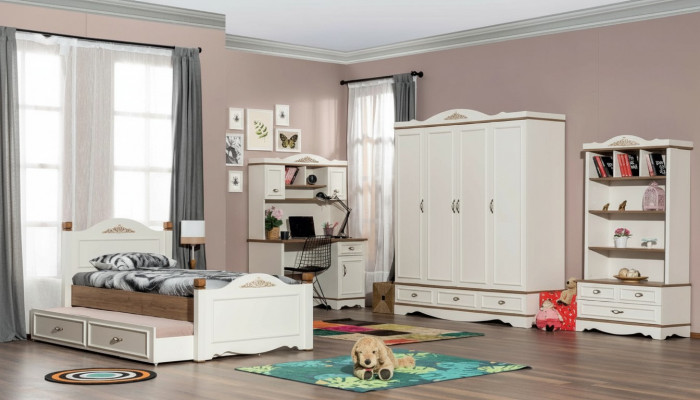 Moderne Schlofkummer Jugendzimmer Set Bett Nuetsdësch Bicherregal Dësch 5 Deeler.
