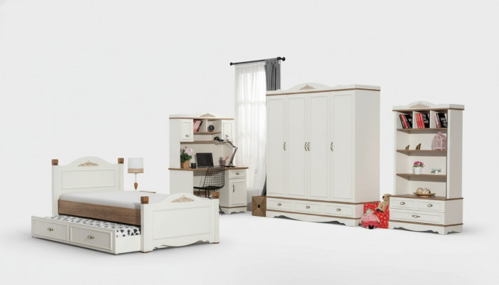 Moderne Schlofkummer Jugendzimmer Set Bett Nuetsdësch Bicherregal Dësch 5 Deeler.
