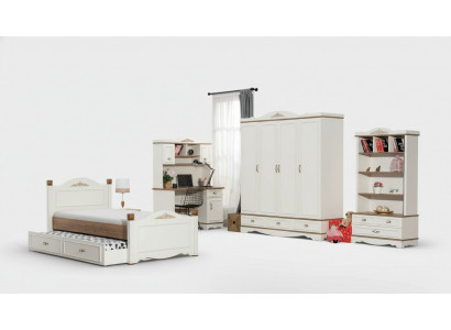 Moderne Schlofkummer Jugendzimmer Set Bett Nuetsdësch Bicherregal Dësch 5 Deeler.