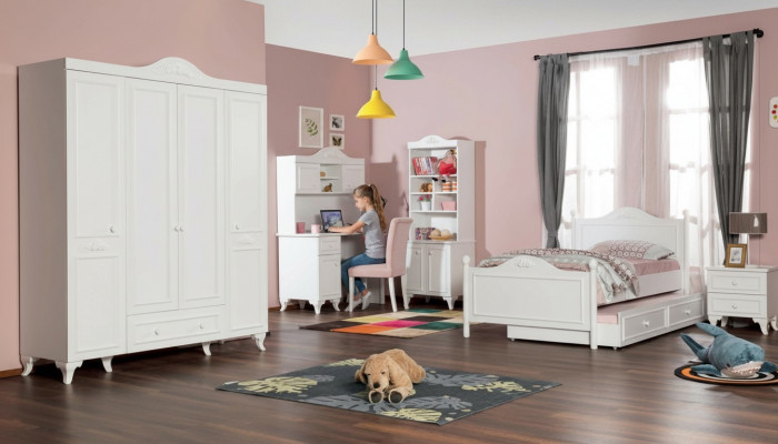 Landhaus Kannerzëmmer Set Wäiss Bett Nuetsdësch Schreifdësch Regal Schaf 5tlg.