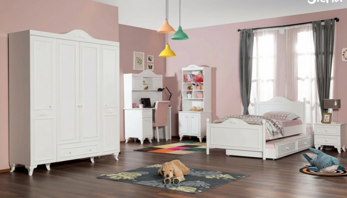 Landhaus Kannerzëmmer Set Wäiss Bett Nuetsdësch Schreifdësch Regal Schaf 5tlg.